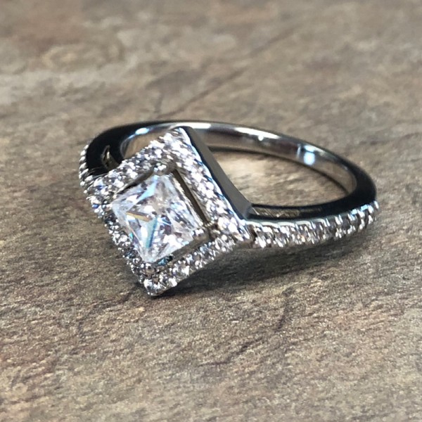 14K White Gold Offset Square Halo Engagement Ring